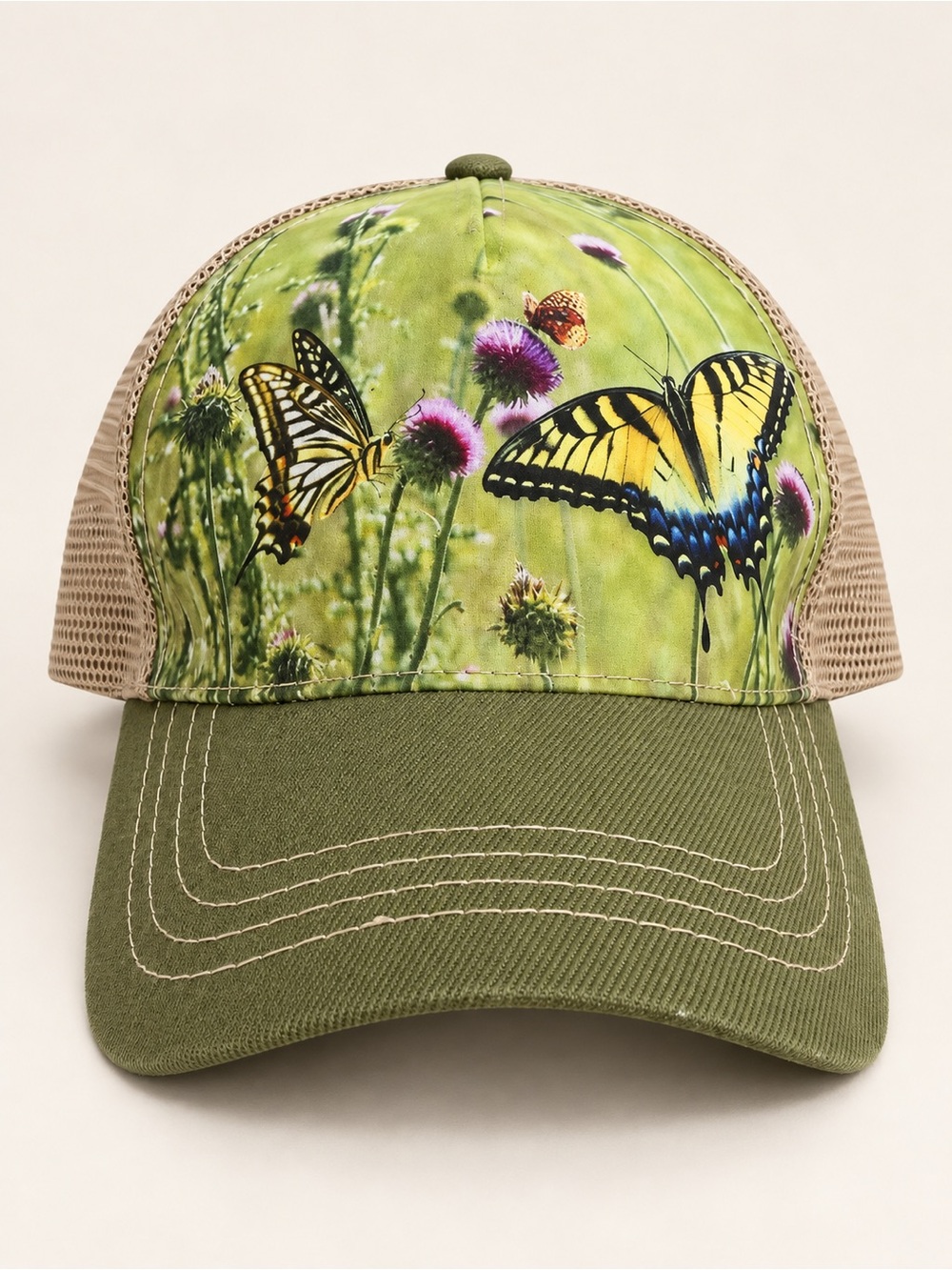 Big Bear Butterfly Meadow Olive Green Mesh-Back Adjustable Cap